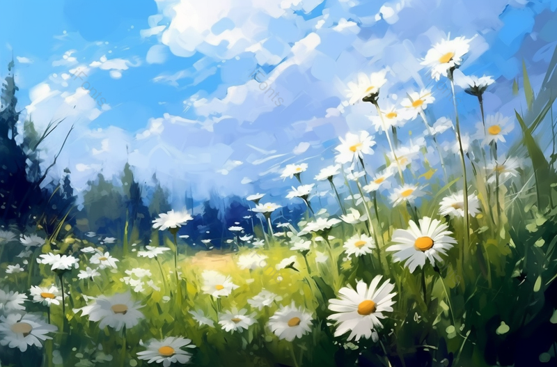 蓝天白云下的一片鲜花油画背景,插画/手绘图,插画/手绘图库,插画/手绘图下载,插画/手绘